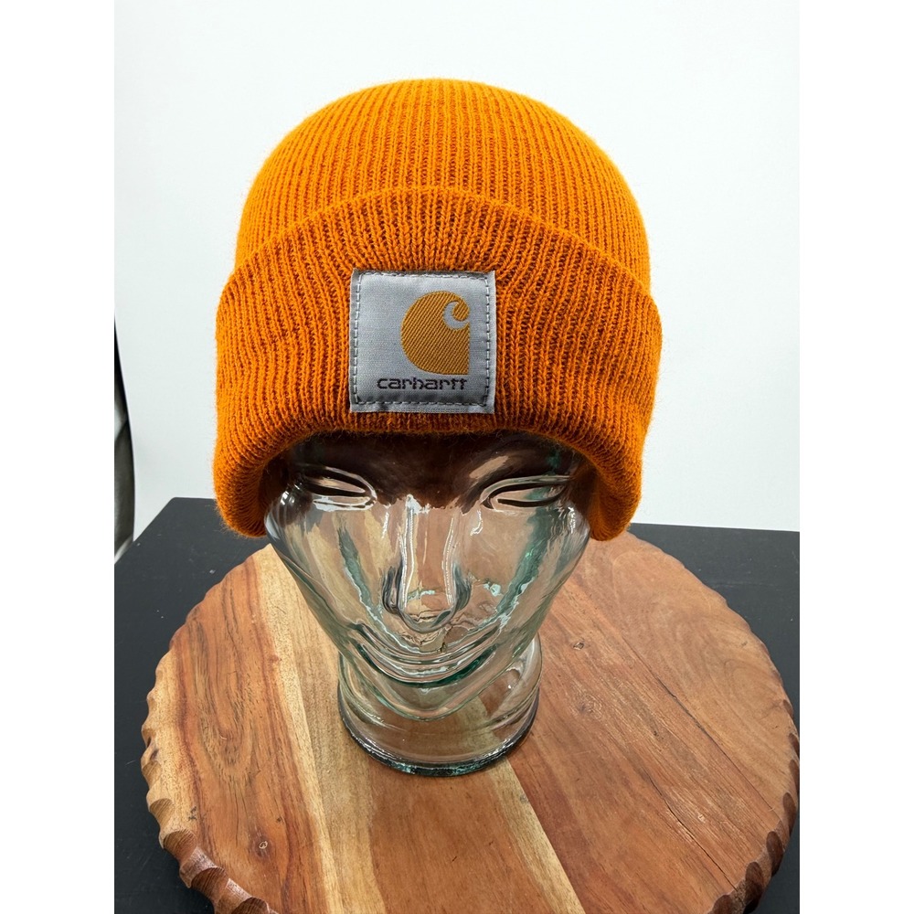 Carhartt A18‎ Acrylic Watch Hat Beanie OS Orange Ribbed Knit Logo Patch